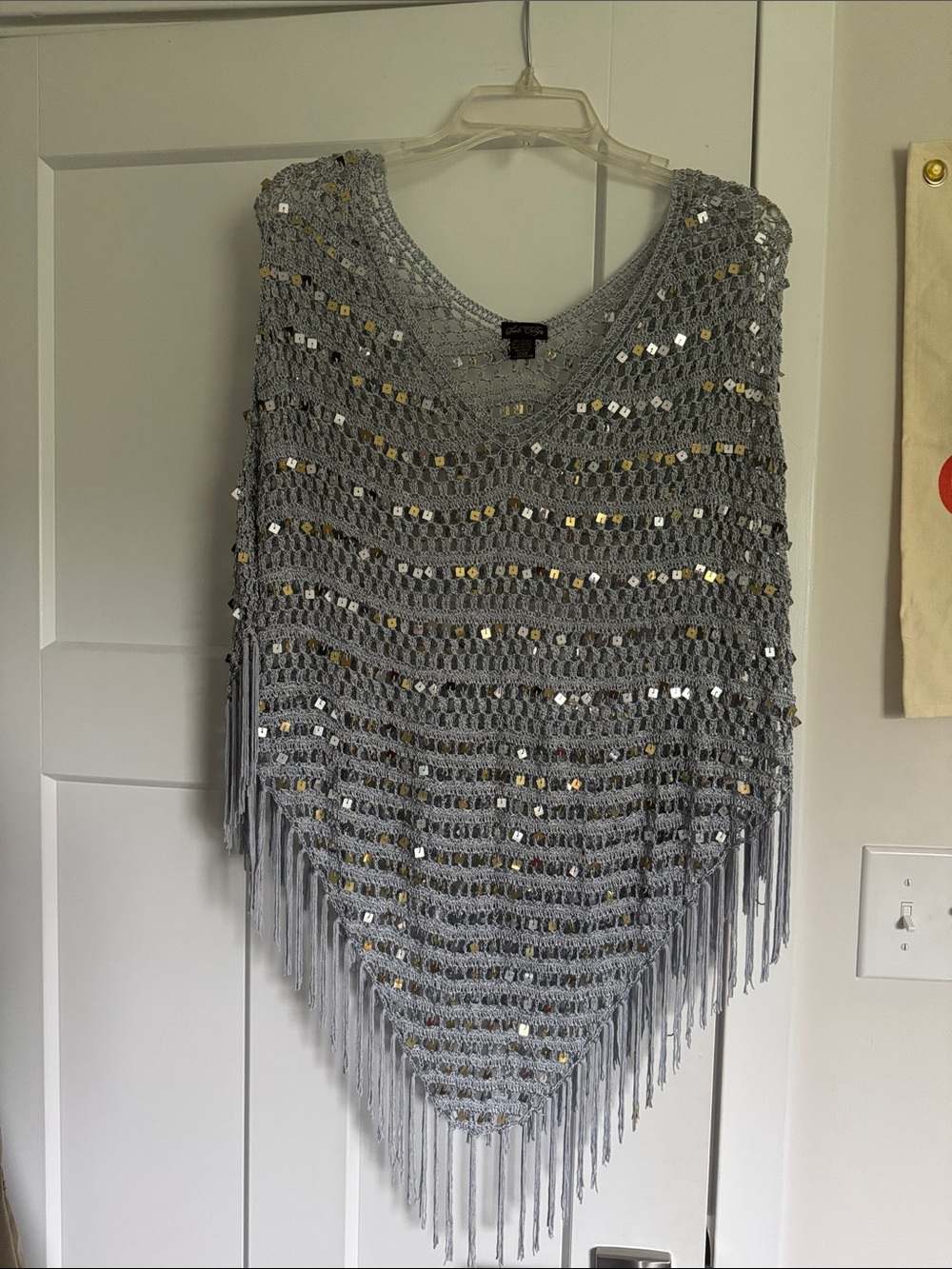 Kirks Folly Silver Gray Crochet Fringe Tunic with Gold & Silver Sequins
